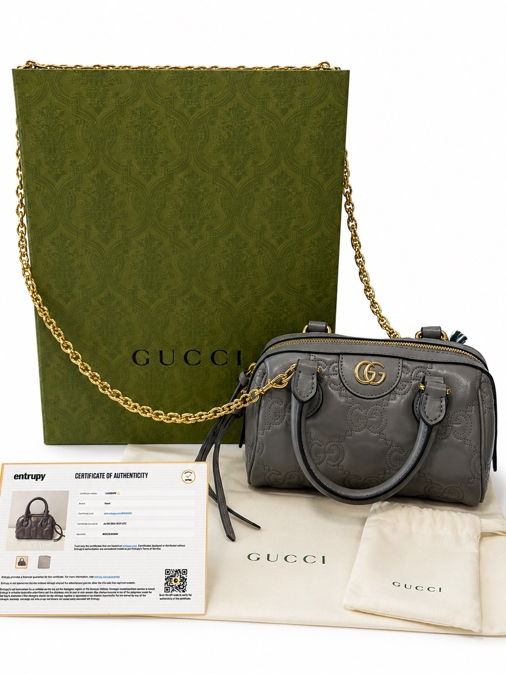 Gucci Gray GG embossed Leather Mini Boston Bag with Gold Chain